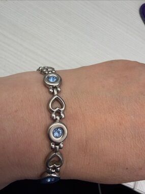 Silver Heart Link Bracelet with Light Blue Stones